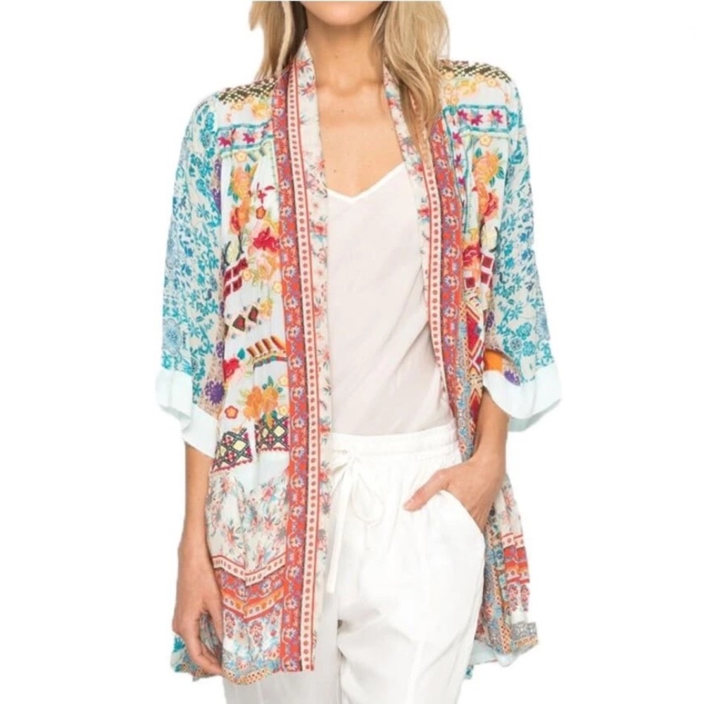 Johnny Was Colorful Floral Open Cardigan